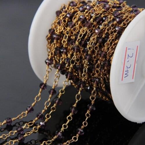5Meter Dark purple Glass Faceted Rondelle Beads Rosary Chains,Gold Plated Wire Wrapped loop Chain Necklace bracelet Jewelry