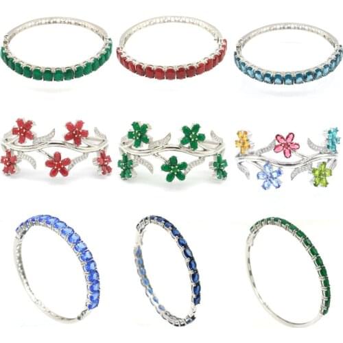 6x4mm Deluxe Real Green Emerald Created London Blue Topaz Violet Tanzanite Women Silver Bangle Bracelet Length 8.5inch