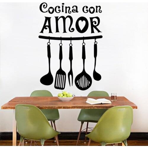 Spanish Vinyl Wall Sticker Cocina Con Amor Wall Art Quote Decals waterproof Mural Home for Kitchen Decoration Decal RU181