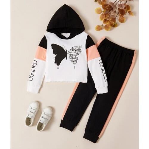 PatPat Trendy Butterfly Print Letter Hooded Sweatshirt and Pants Set