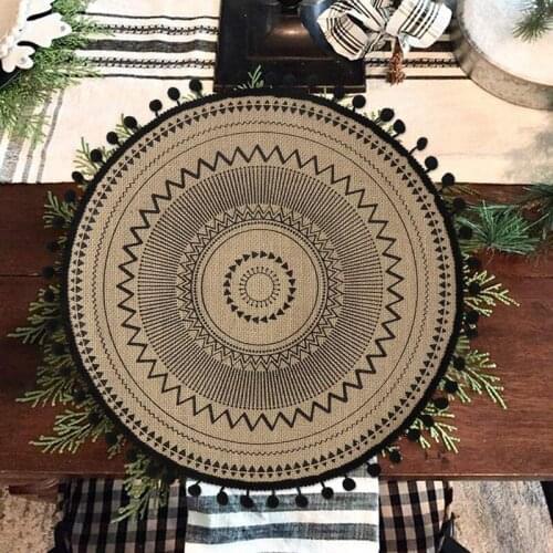 Round Placemat 4Pcs Jute Fringe Table Mats with Pompom Tassel Place Mat for Dining Room Kitchen Table Decor 15 Inch