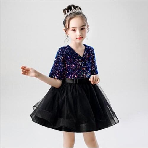 Sequin Lace Flower Gil Party Princess Dress Wedding Half Sleeve Kids Girls Birthday Christmas Ball Gown First Communion Costume