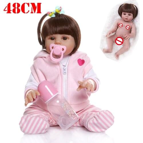 Straight hair 48CM bebe reborn toddler doll girl in pink pig dress full body soft silicone reborn baby bath toy