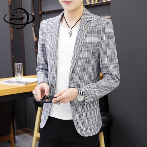 M-3xl Mens Blazers Coat Spring Autumn Male Suit Jackets Single Button Lattice Business Comfortable Outerwear Top Clothes Hy88