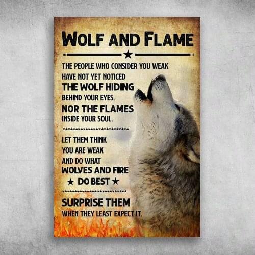 Wolf and Flame Metal Tin Sign,Surprise Them When They Least Expect,Retro Wall Decor for Home Bar Bedroom Cafe Pub Outdoor