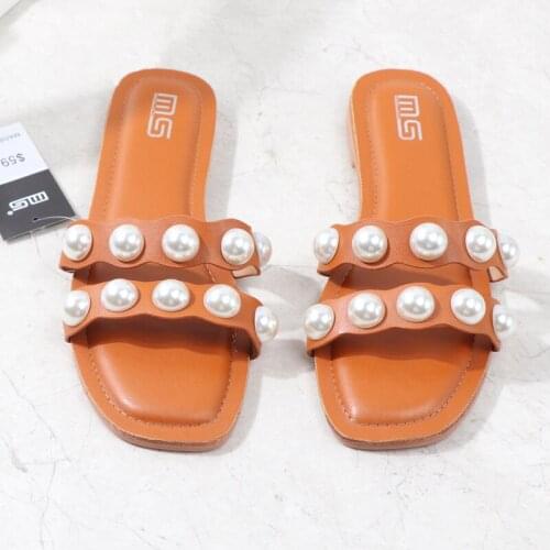 Fashion Flat Slippers Party Shoes Sandals Thin Belt Roman Flat Women Flip Flops Ladies Casual Shose Beach Pearl Decoration hy178
