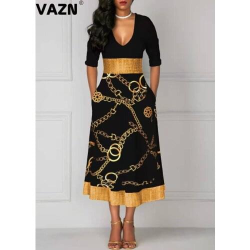 VAZN 2020 New Arrival Plus Size Retro Sexy Club Mature Parity Style Free Deep V-Neck Full Sleeve Women Straight Maxi Dress