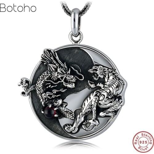 Handmade 100% 925 Silver colour Dragon Tiger Pendant Necklace 925 Sterling Fengshui Taichi Yinyang Pendant Good Luck Amulet