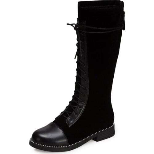 PU Stitching Gold Velvet Cross-Lace Short Plush Knee-Length Boots Thick Heel Flat-Bottom Side Zipper Stitched Long Boots