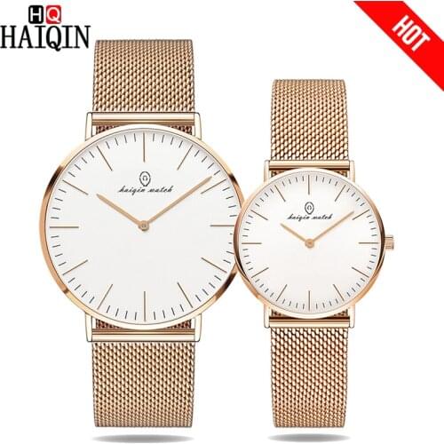 HAIQIN Ultra-thin 6MM Couple Watch Gold Metal Mesh Belt Watch Party dress Mens watch luxury women watch Gifts Relogio Masculino