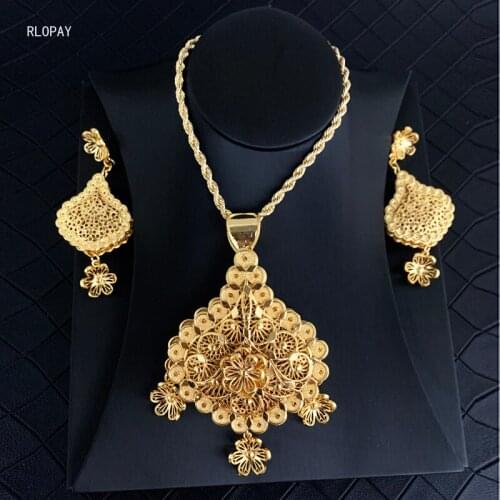 Ethnic Hollow Flower Tassels Necklace Set Arabic Bridal Gold Jewelry Set Copper Necklace/Earrings Muslim Sets In Gold