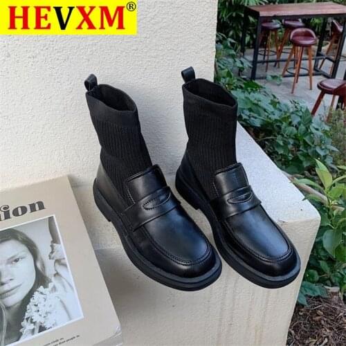 Boots Women New 2020 Shoes Round Toe Leather Booties Low Heels booties Black Autumn Mid-Calf Rock Ladies Mid Calf Rubber