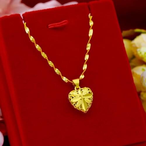 Womens Necklaces Luxury Heart charm pendant necklaces for women 24K yellow Gold Color necklaces wedding party jewelry