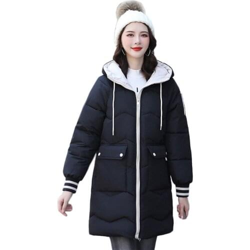 Winter Coat Women Black Yellow S-3XL Plus Size Hooded Parkas 2020 Korean Fashion Loose Long Sleeve Striped Padded Feminina JD979