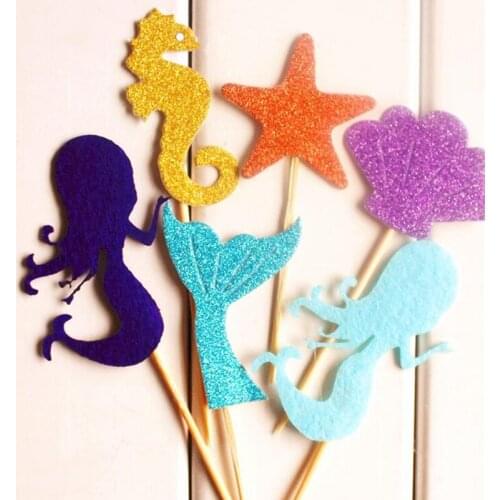 1 set 7 Designs Colorful Sea World Bling bling Cupcake Toppers For Baby Shower Party Children Birthday Party