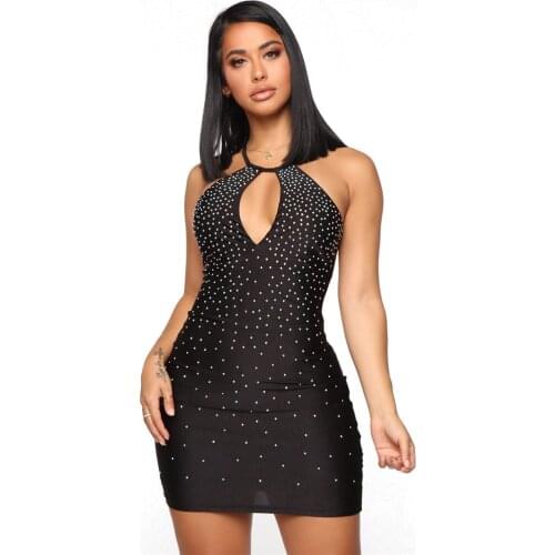 2019 Autumn Women Fashion Sexy Diamonds Mini Dress Halter Sleeveless Hollow Out Backless Sheath Bodycon Night Club Suit