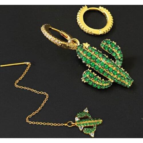 S925 Sterling Silver Fun Golden Cactus Asymmetric Earrings Female Personality Creative Crystal Fine Monaco Luxury Brand Jewelry