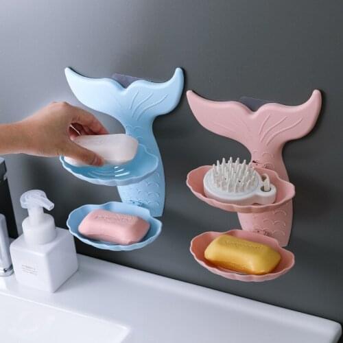 Mermaid Fish Shape Double Layers Bathroom Shower Soap Container Dish Storage Plate Soap Draining Holder Bathroom Hanging Box