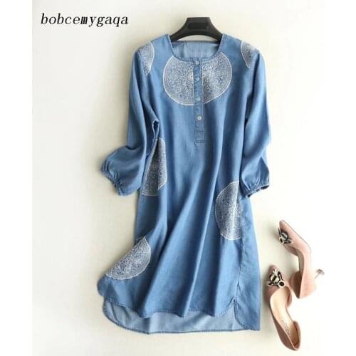 Embroidered Jeans Dress Women Loose Light Blue Button Long Sleeve Denim Shirt Dress Spring Summer Denim Dress Vestidos