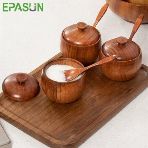 EPASUN Wood Kitchen Salt Spice Jar Sugar Pepper Shakers Container Wooden Seasoning Organizer Box Storage Bottle Herbs With Lid