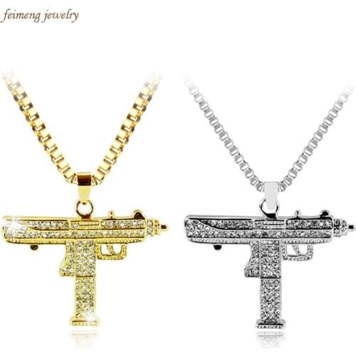 Hotsell Submachine Gun UZI Pendant Necklace Gold color Chain Full Crystal Bling Necklaces For boy Men Punk Hip Hop Jewelry Gift