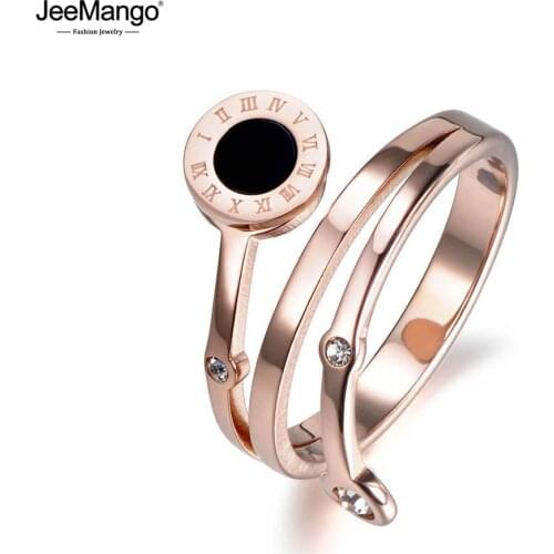 JeeMango Mosaic Cubic Zirconia Roman Number Rings Jewelry Rose Gold Color Stainless Steel Shell Wedding Ring For Women R18008