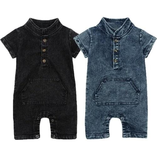 Summer Baby Kid Girls Boy Infant Clothes Short Sleeve Single Breasted Denim Romper Jumpsuit Clothes Playsuit