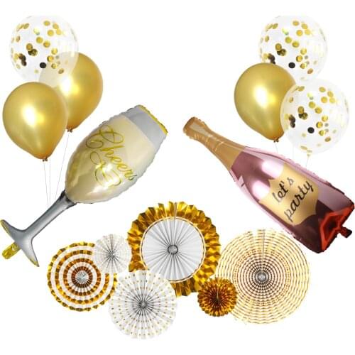 Wine Glass Golden Balloon Kit Latex Sequined Balloon, Bridal Wedding Birthday Party Paper Fan Insert Card Straw Decoration XY00