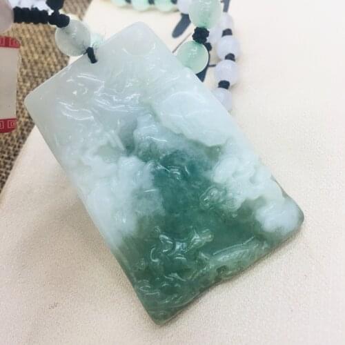 Natural Burmese Emerald Jade Carving Green Mountain Green Water Pendant with Tri-Color Bead Necklace Men and Women Sweater Chain