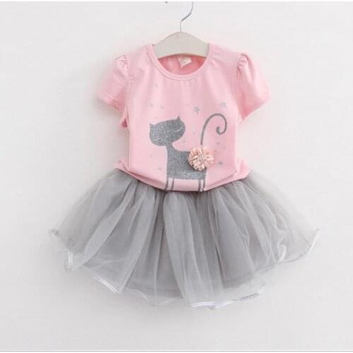 2019 Casual Short New Top Summer Baby Girls Clothing Sets Style Cartoon Kitten Printed T-shirts+net Veil Dress 2pcs Clothes1-6y