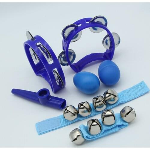 FLEOR Hand Percussion Set Plastic Kazoo & Tambourine & Wrist Bells & Egg Maraca, Blue Color