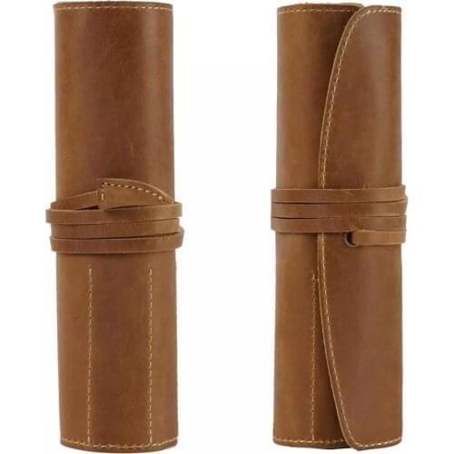 Genuine Leather School Pencil Case Roll Pencilcase for Girls Boys Pen Bag Round Cartridge Box Stationery Kit Multi Cowhide Penal