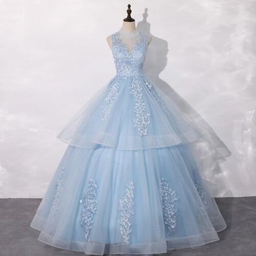 High Neck Light Blue Quinceanera Dresses 2021 Lace Oversized Fluffy Prom Dress Sleeveless Party Dress Luxury Ball Gown Customize