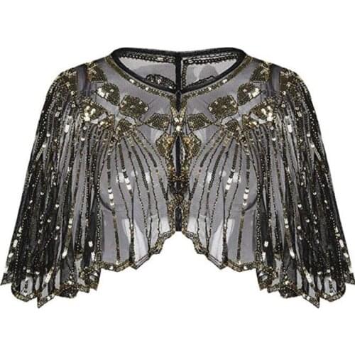 Vintage Gold Sequined Jacket Coat Women Party Cardigan Batwing Sleeve Jackets Short Tops Ladies Cape Poncho Casual Casaco Femme