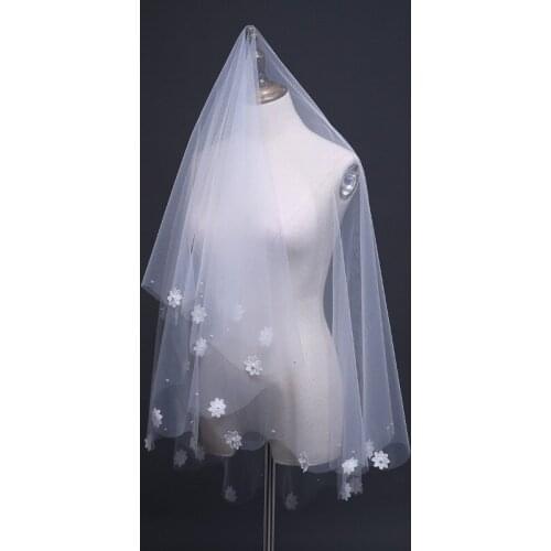 2021 New Simple Bridal Veil Off White Beading Flower 1.5m One-layer Cut Edge Sweet Wedding Veil Voile Mariage Velo De Novia