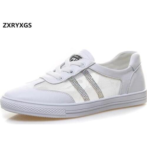 Best Sale 2020 New Spring Summer Cowhide Mesh Breathable Shoes Women Sneakers Rhinestones Shoes Fashion Casual Women Flat Shoes
