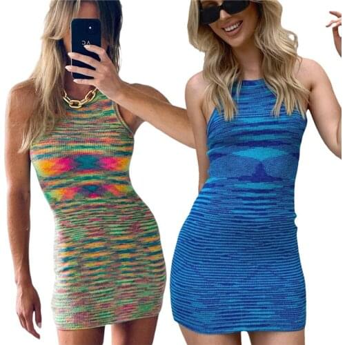 Women Dresses Sexy Sleeveless Knit Dress Summer Adults Sexy Slim Color Block Round Neck One-piece Clothing