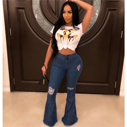 New Cotton Stretchy Vintage Wash Ripped Jeans for Women Plus Size Bell Bottom Jeans 2020 Hole Wide Leg Flare Denim Pant Trousers