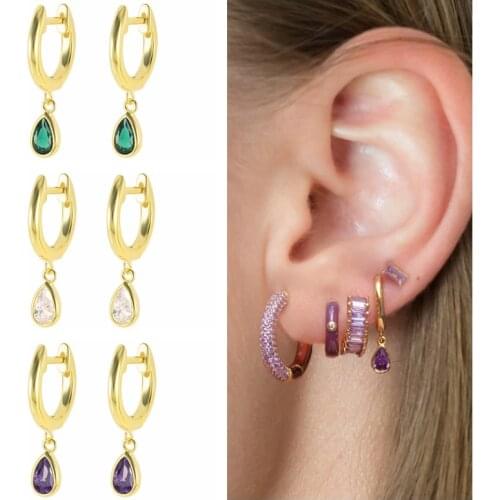 Viny Purple Red Green Color Geometric Drop Zircon Earrings For Women 925 Sterling Silver Earrings Hoops Pendientes Jewelry