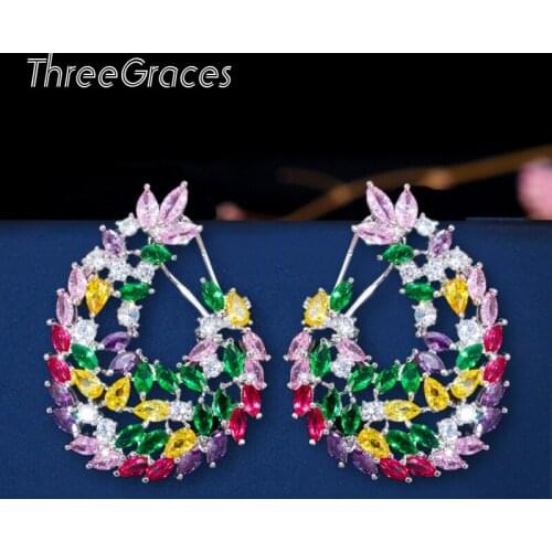 ThreeGraces Brand Design Bohemian Colorful CZ Crystal Big Symmetrical Flower Stud Earrings for Women Fashion Accessories ER358