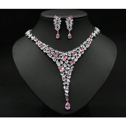 Newest Famous Brand Luxury pink Earring Necklace Jewelry Set Dubai Nigeria CZ Crystal Wedding Jewelry for Women