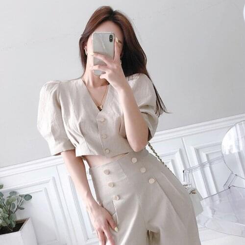 Womens Two-piece Suit 2021 Summer Temperament V-neck Short Tops and High Waist Loose Wide-leg Pants Female Solid Color Sets