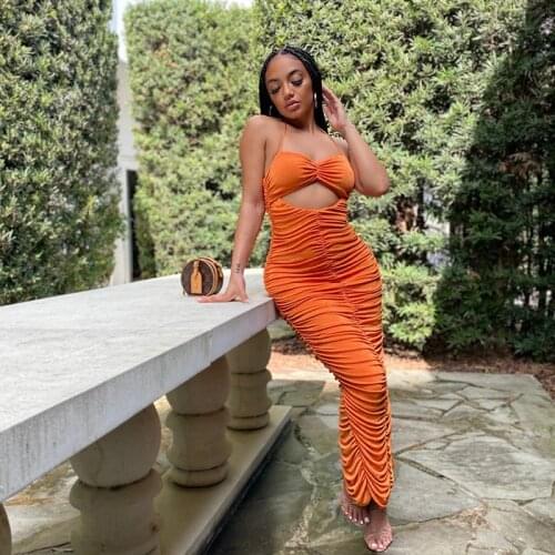 Women Hollow Out Long Dress Solid Color Halter Neck Sleeveless Backless Off-shoulder High Waist Drawstring Bodycon Party Dress