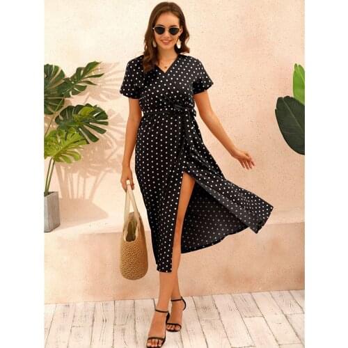 Summer Sexy Fashion V Neck Short Sleeve Women Slit Dress 2021 High Street Lace Elastic Waist Polka Dot Print Casual Women Dress