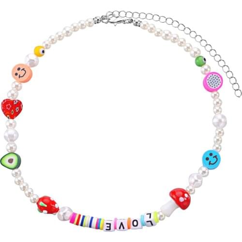Smiley Face Fruit Charm Choker Necklace for Women Clavicle Chain Imitation Pearls Beaded Necklaces Female 2021 Fashion Jewelry