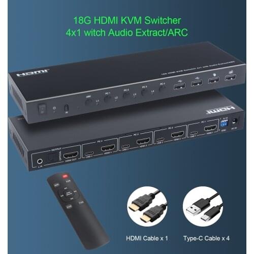 18G HDMI KVM Switcher 4 in 4 out USB 2.0 Output Ports Support Smart EDID Management and ARC Power Off Memory Function