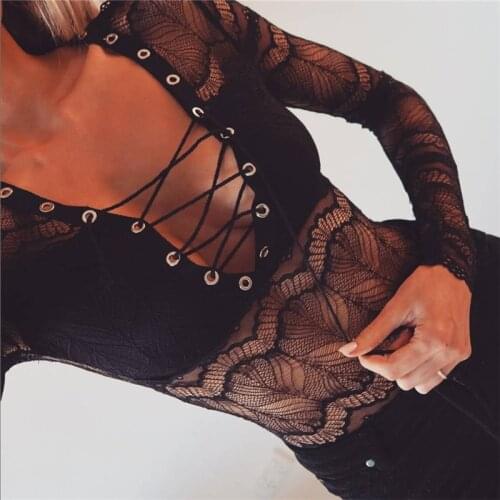 2021 Lace Bodysuit European and American Long-Sleeved See-Through Open Crotch Tight-Fitting Sexy Lingerie Women