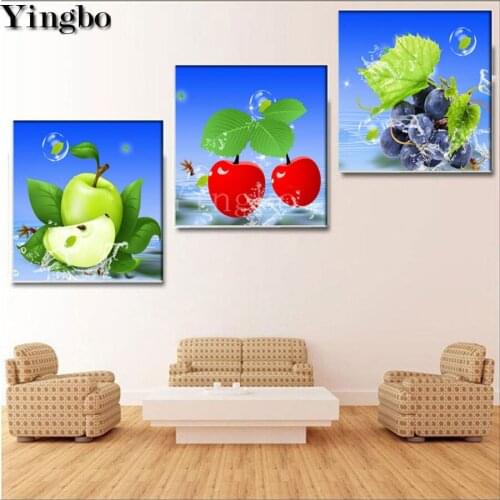 3 pcs/set diy full square round drill diamond painting fresh fruit mosaic painting kits diamond embroidery apple grape icon