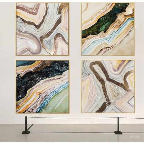 Abstract Geometric Blue Brown Marble Canvas Painting Posters and Print Modern Decor Wall Art Pictures for Modular Living Room