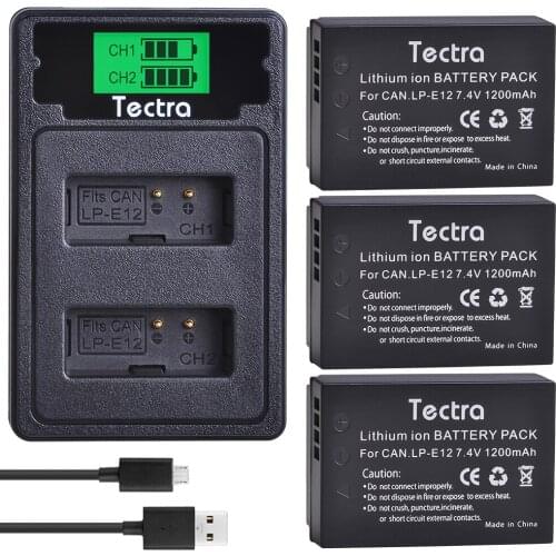 Tectra 3pc 1200mAh LP-E12 LP E12 LPE12 Battery+LCD Dual USB Charger for Canon EOS M50 M100 100D Kiss X7 Rebel SL1 DSLR Camera